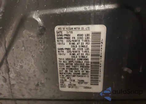 2019 Nissan Rogue Sv z USA, uszkodzony, nr VIN JN8AT2MT7KW261819